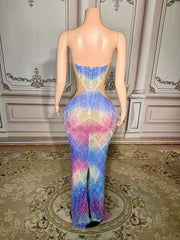Colorful Sweetheart Column Beaded Sleeveless Floor-Length Slit Tulle Evening Dresses With Rhinestones