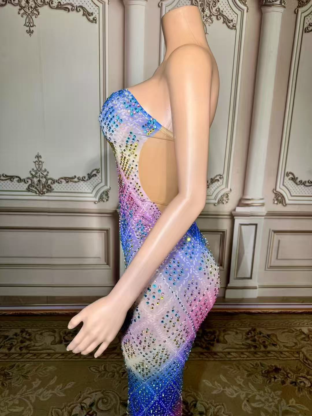 Colorful Sweetheart Column Beaded Sleeveless Floor-Length Slit Tulle Evening Dresses With Rhinestones