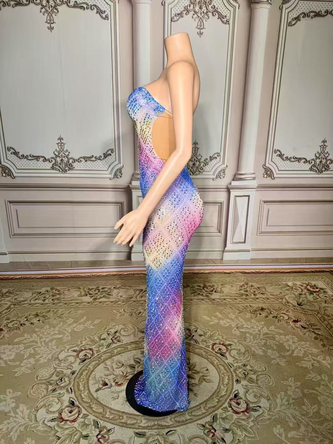 Colorful Sweetheart Column Beaded Sleeveless Floor-Length Slit Tulle Evening Dresses With Rhinestones