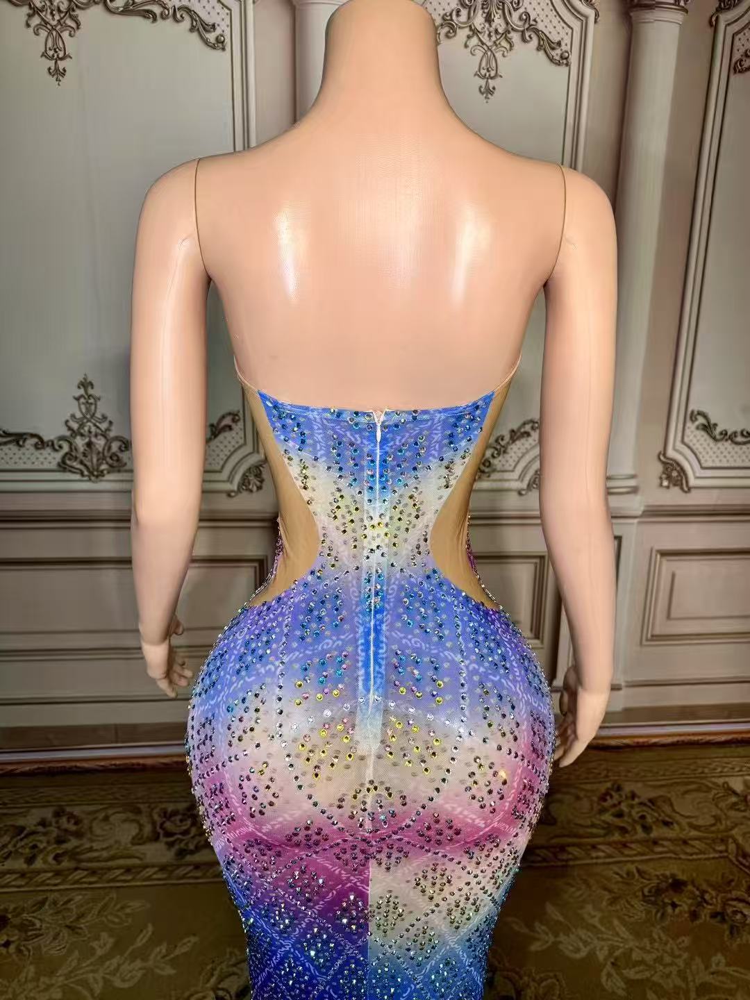 Colorful Sweetheart Column Beaded Sleeveless Floor-Length Slit Tulle Evening Dresses With Rhinestones