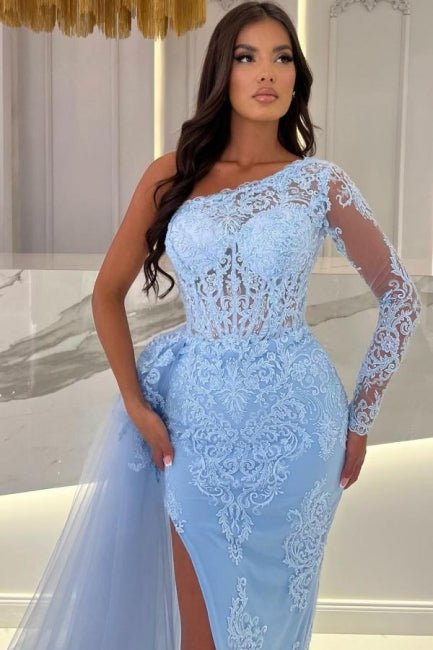 Column Floor-Length Split Front Sky Blue Tulle One Shoulder Long Sleeve Prom Evening Dresses with Lace