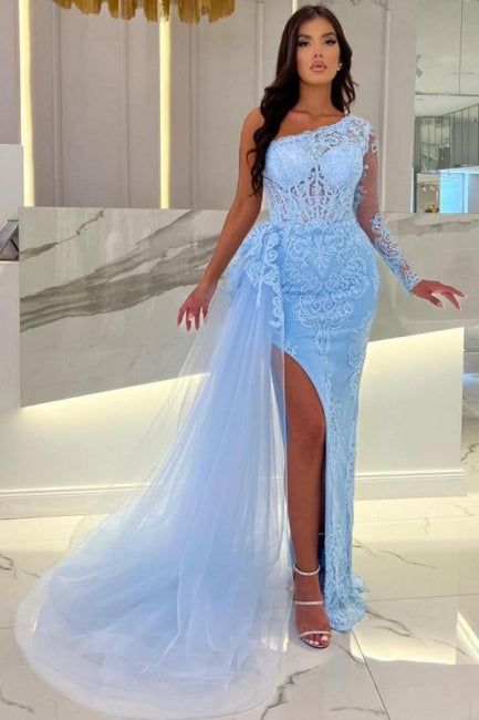 Column Floor-Length Split Front Sky Blue Tulle One Shoulder Long Sleeve Prom Evening Dresses with Lace