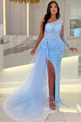 Column Floor-Length Split Front Sky Blue Tulle One Shoulder Long Sleeve Prom Evening Dresses with Lace
