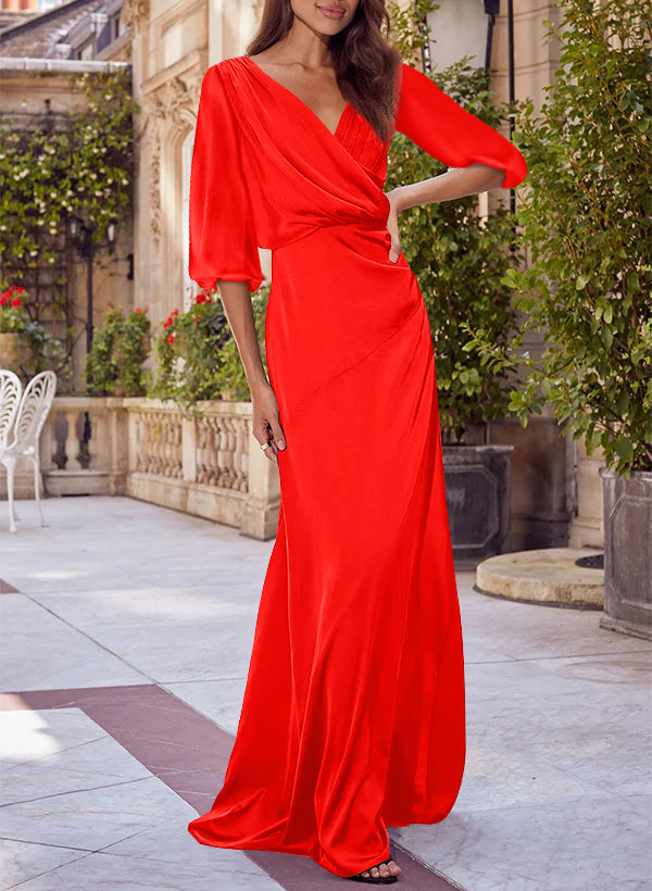 Column Floral Print V-neck Half Sleeves Red Mother of the Bride & Groom Dresses
