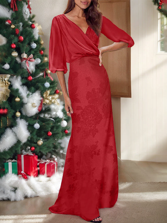 Column Floral Print V-neck Half Sleeves Red Mother of the Bride & Groom Dresses