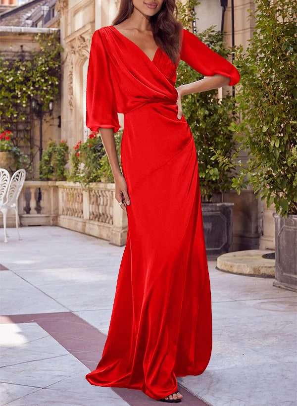 Column Floral Print V-neck Half Sleeves Red Mother of the Bride & Groom Dresses