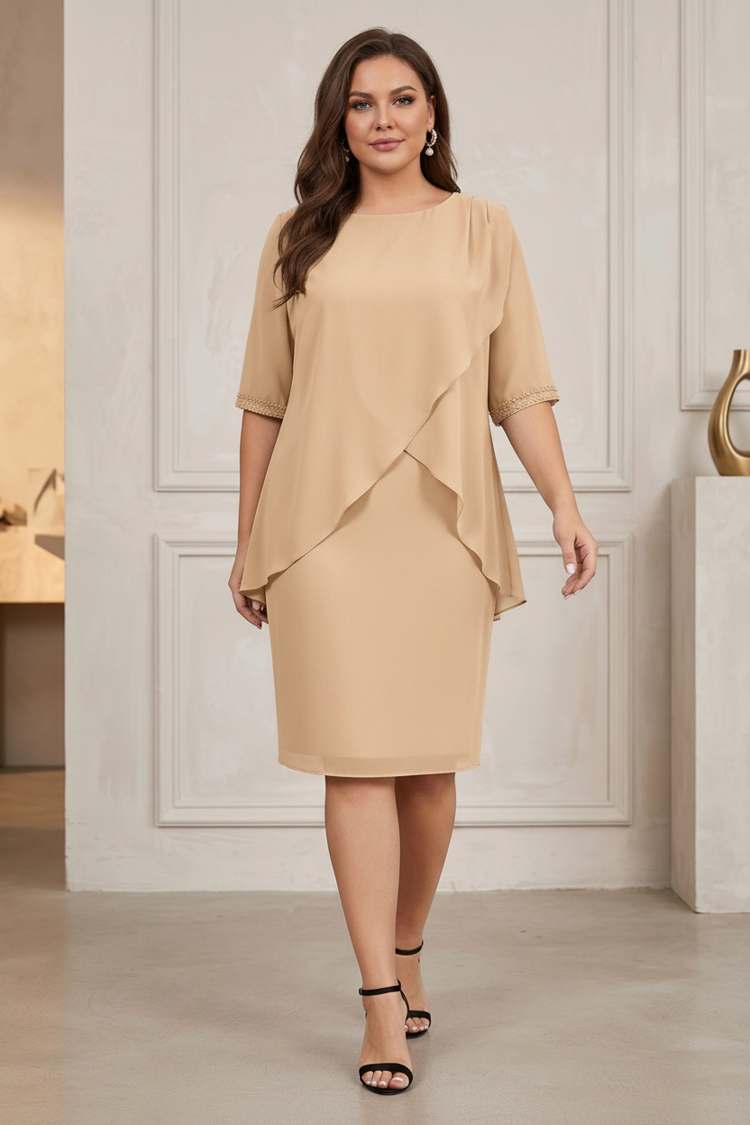 Column Jewel Neck Knee-Length Plus Size Mother of the Bride Dresses with Beading & Ruching