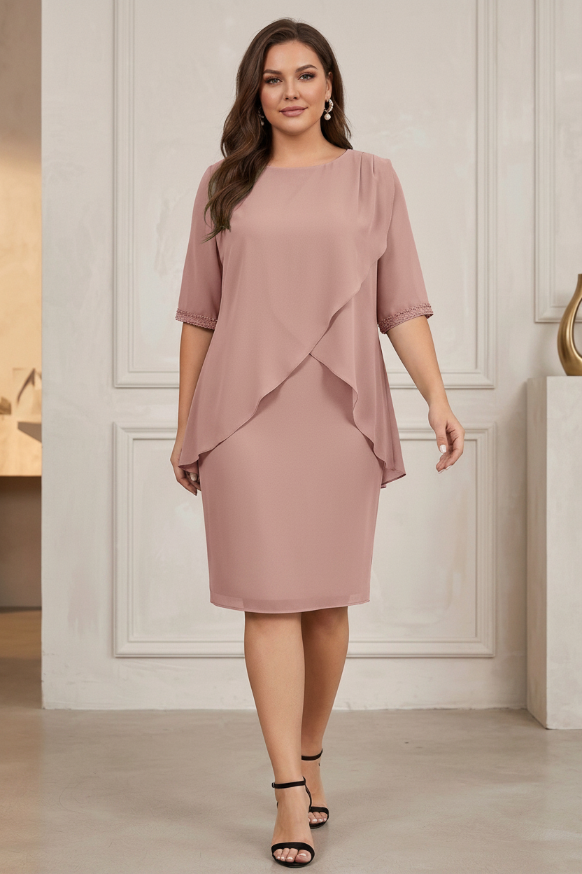 Column Jewel Neck Knee-Length Plus Size Mother of the Bride Dresses with Beading & Ruching