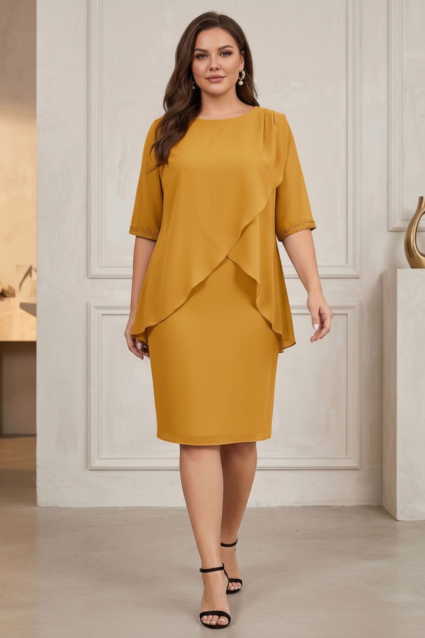 Column Jewel Neck Knee-Length Plus Size Mother of the Bride Dresses with Beading & Ruching