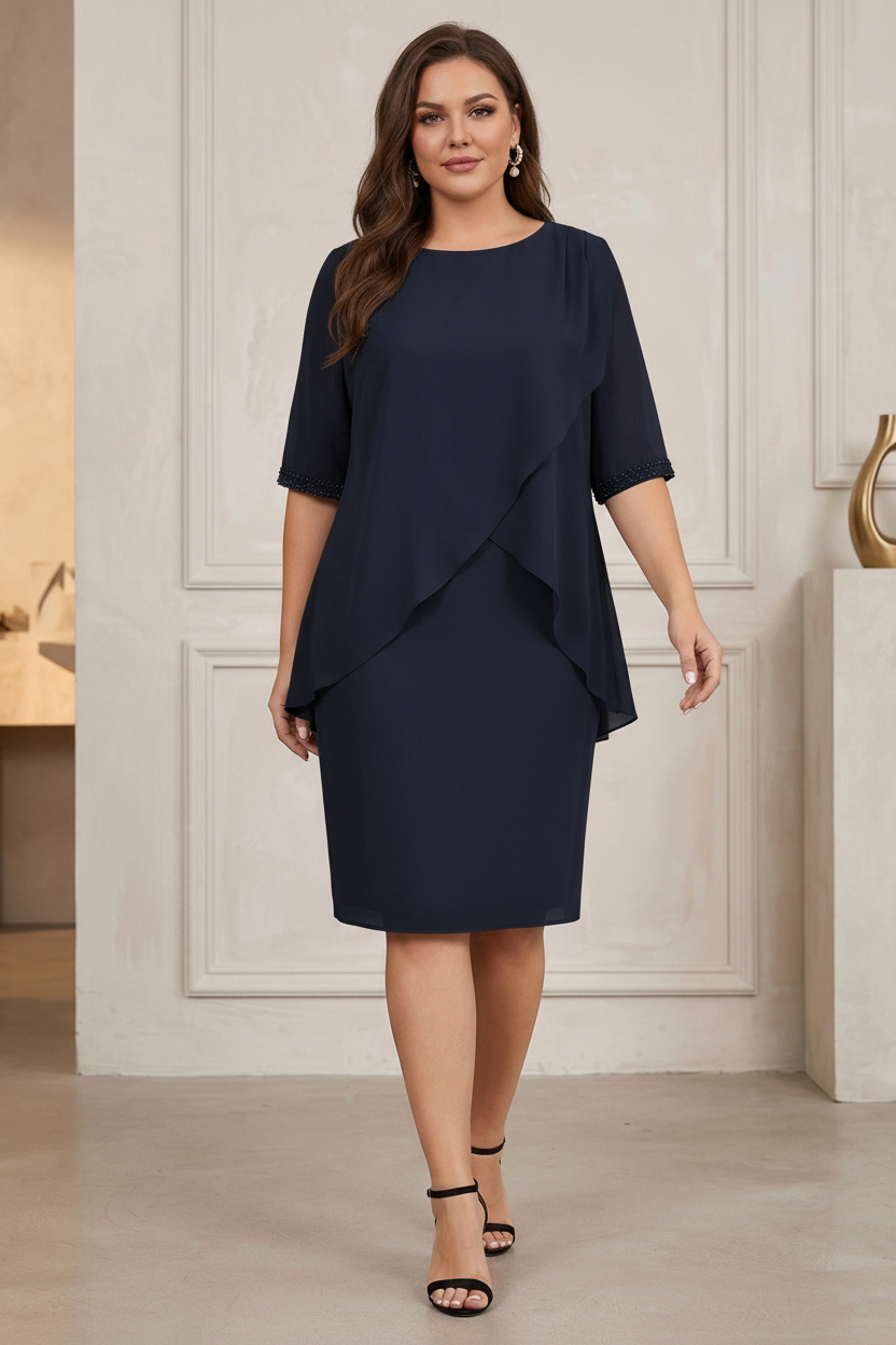 Column Jewel Neck Knee-Length Plus Size Mother of the Bride Dresses with Beading & Ruching