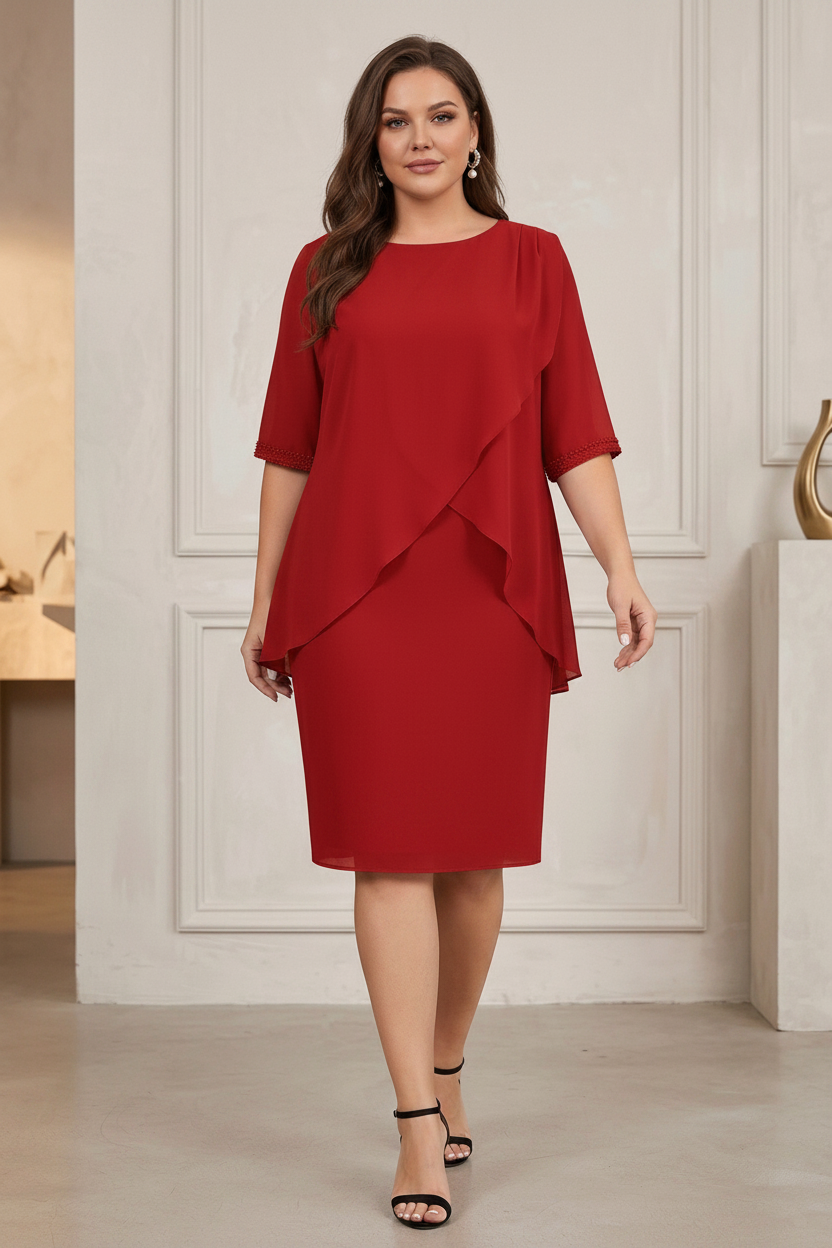 Column Jewel Neck Knee-Length Plus Size Mother of the Bride Dresses with Beading & Ruching