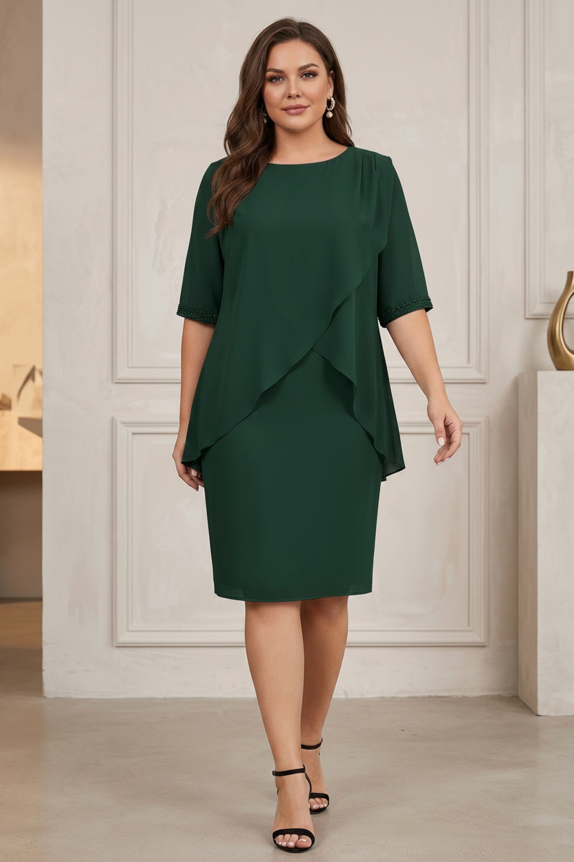 Column Jewel Neck Knee-Length Plus Size Mother of the Bride Dresses with Beading & Ruching