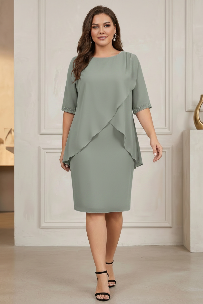 Column Jewel Neck Knee-Length Plus Size Mother of the Bride Dresses with Beading & Ruching
