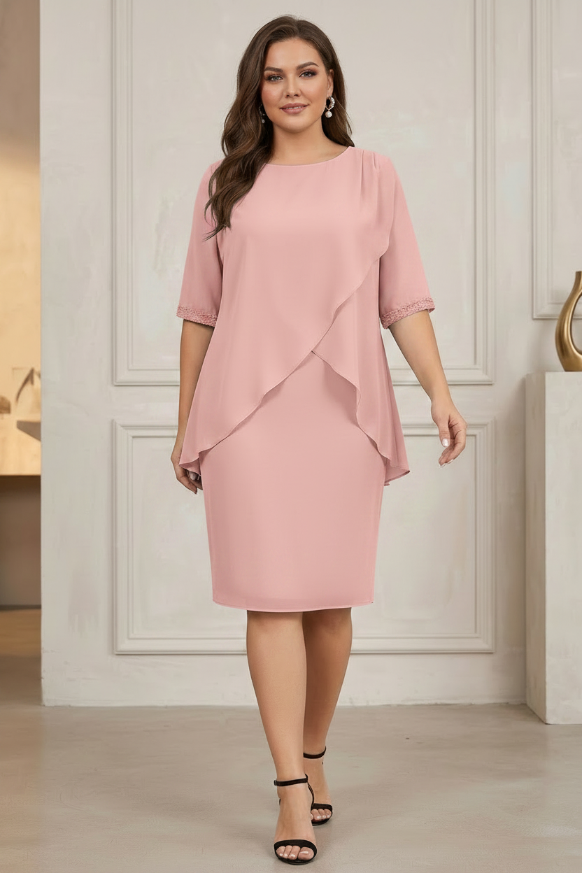 Column Jewel Neck Knee-Length Plus Size Mother of the Bride Dresses with Beading & Ruching