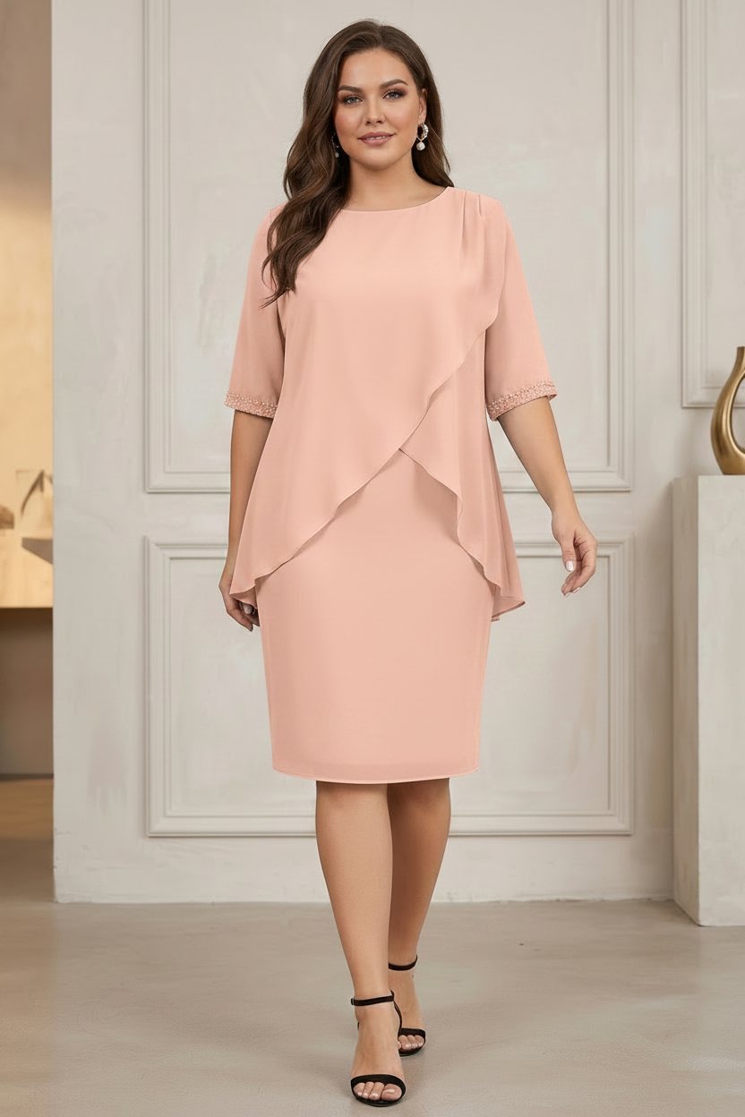 Column Jewel Neck Knee-Length Plus Size Mother of the Bride Dresses with Beading & Ruching