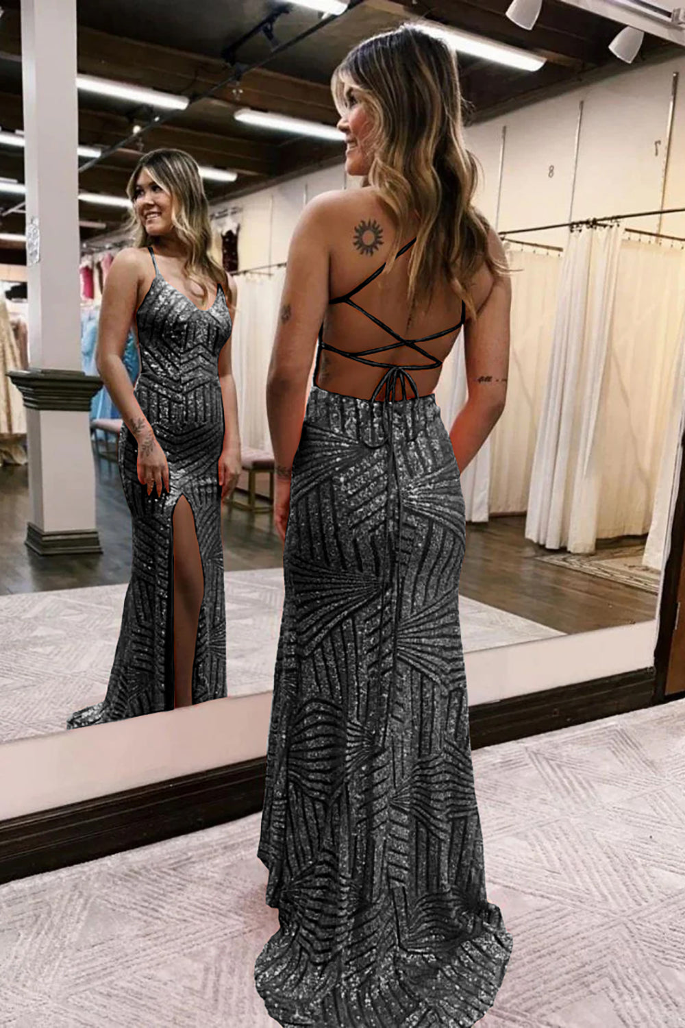 Grey v-neck sequin column prom dress