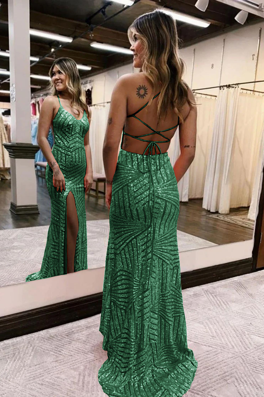 Green v-neck sequin column prom dress