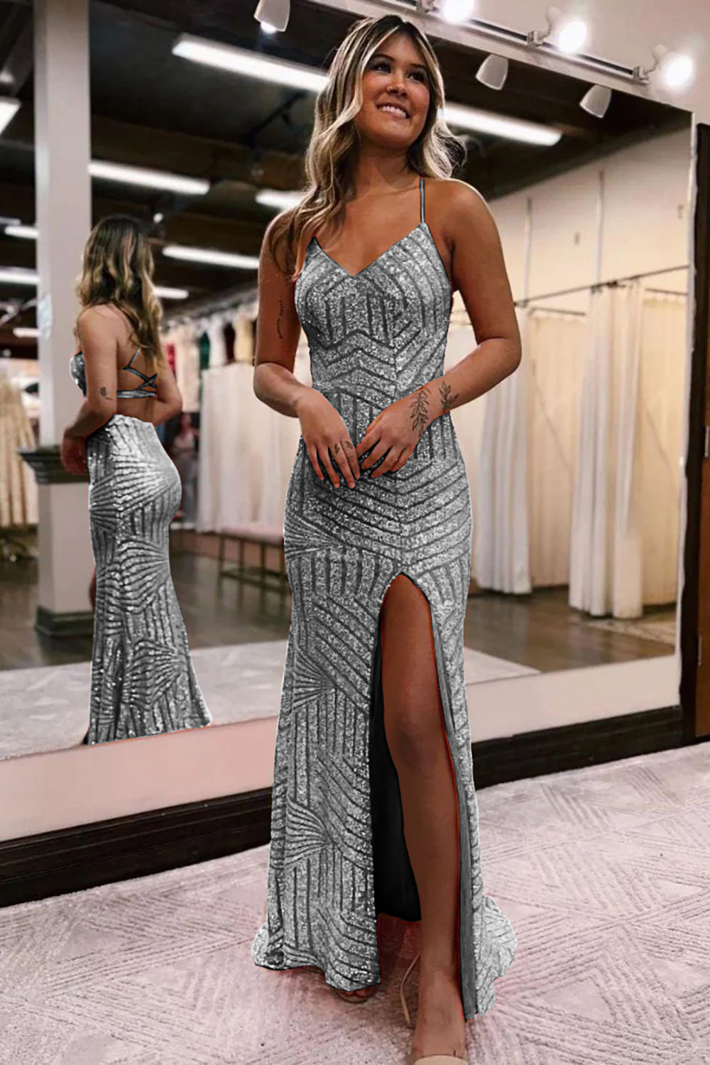 Silver v-neck sequin column prom dress