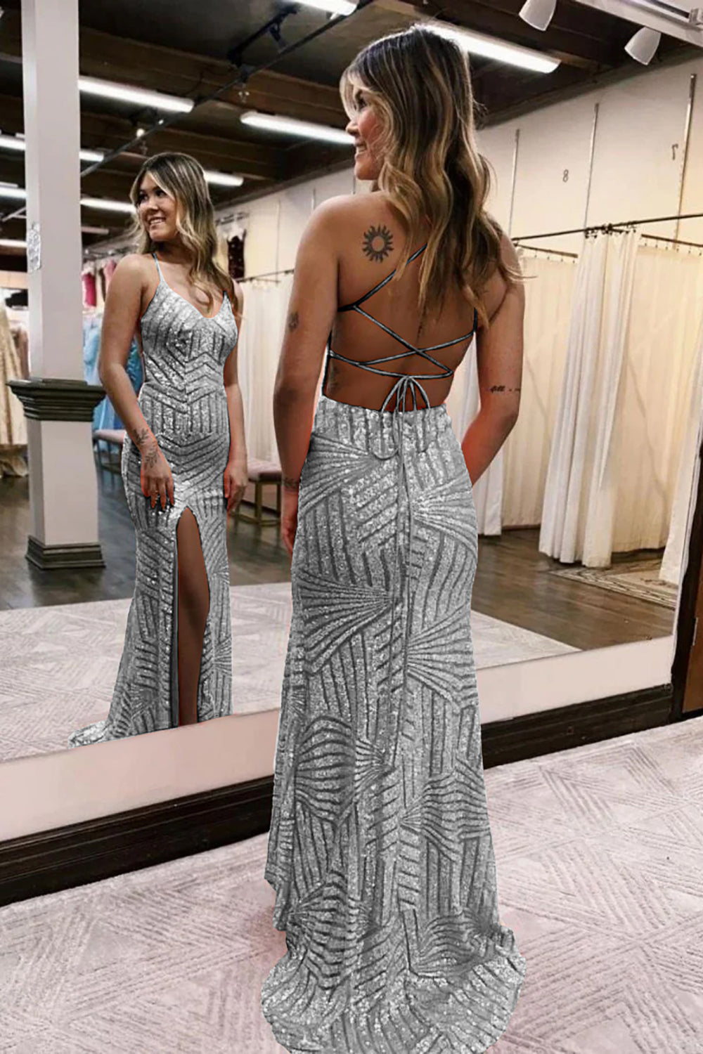 Orange v-neck sequin column prom dress