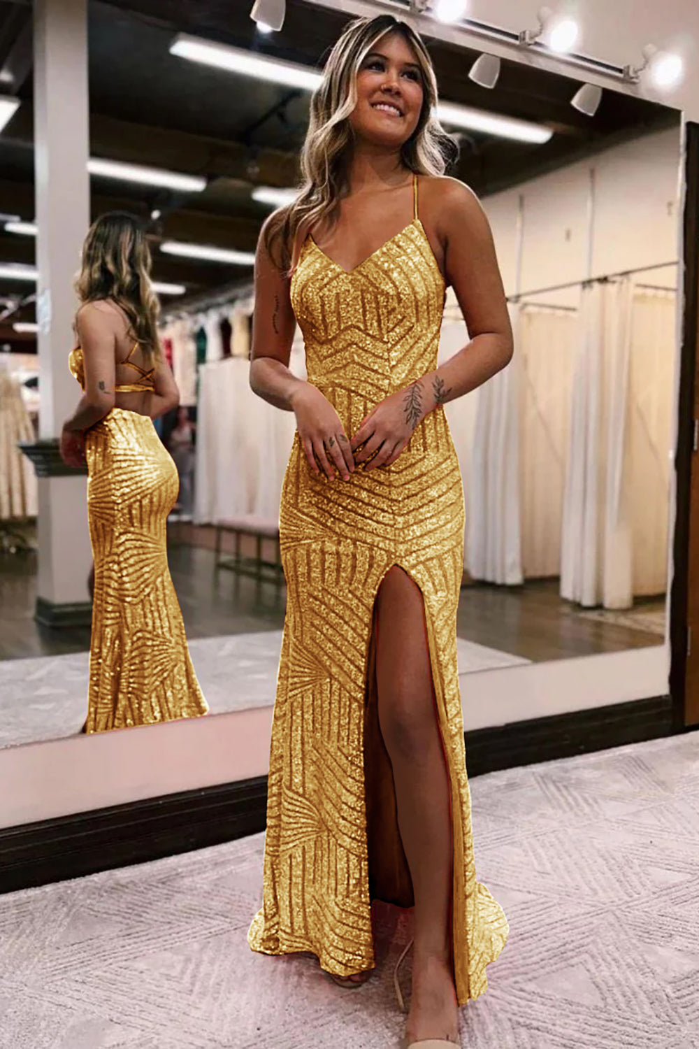 Gold v-neck sequin column prom dress