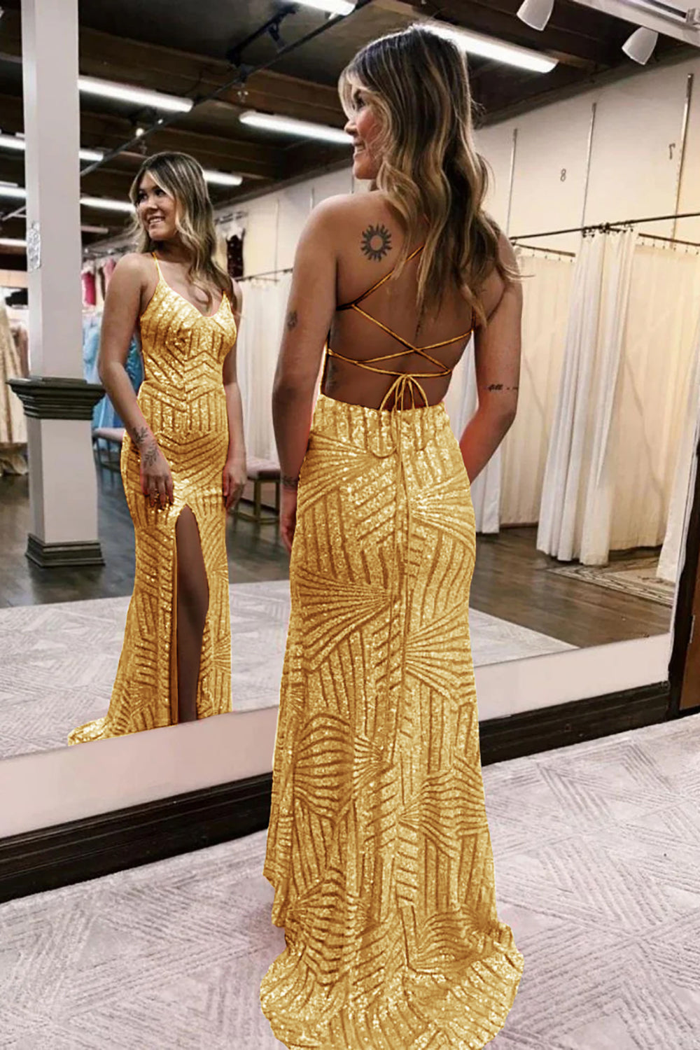 Orange v-neck sequin column prom dress