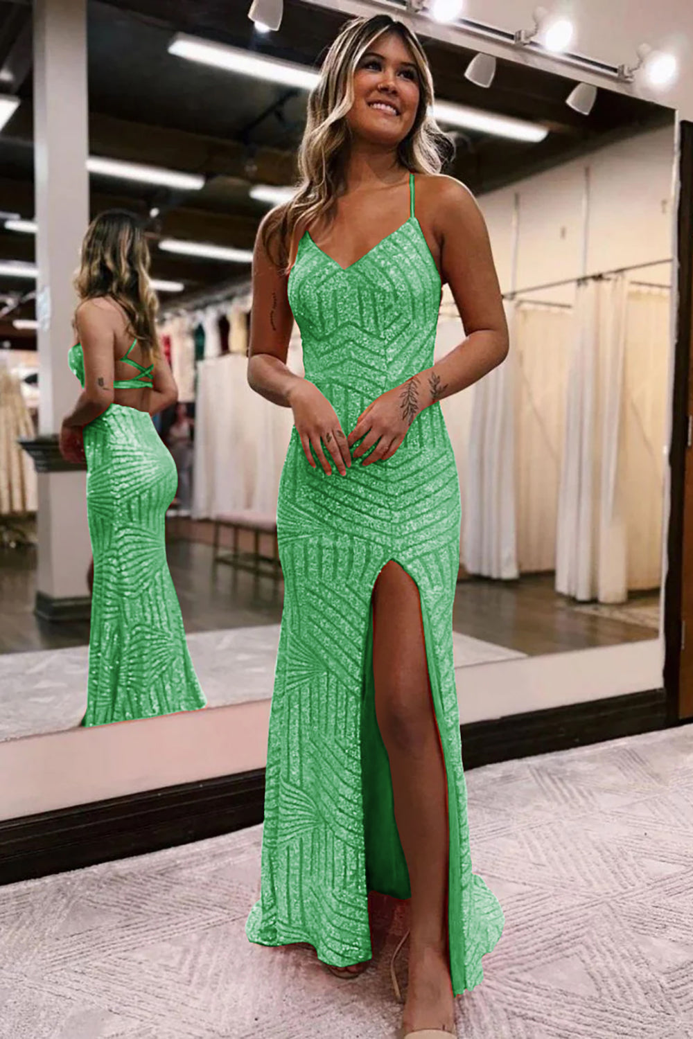 Green v-neck sequin column prom dress
