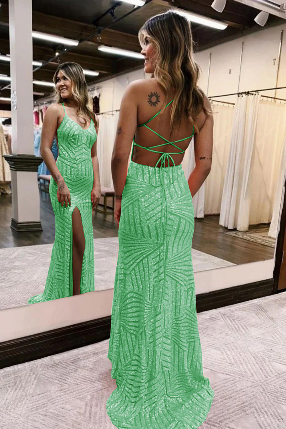 Green v-neck sequin column prom dress