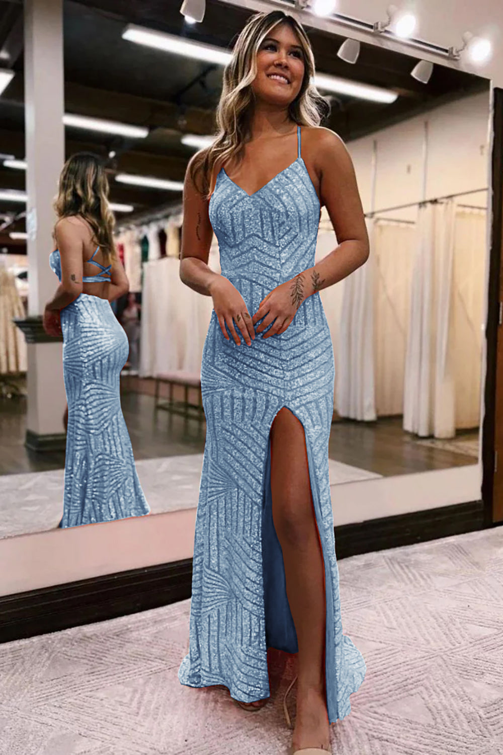 Light blue v-neck sequin column prom dress