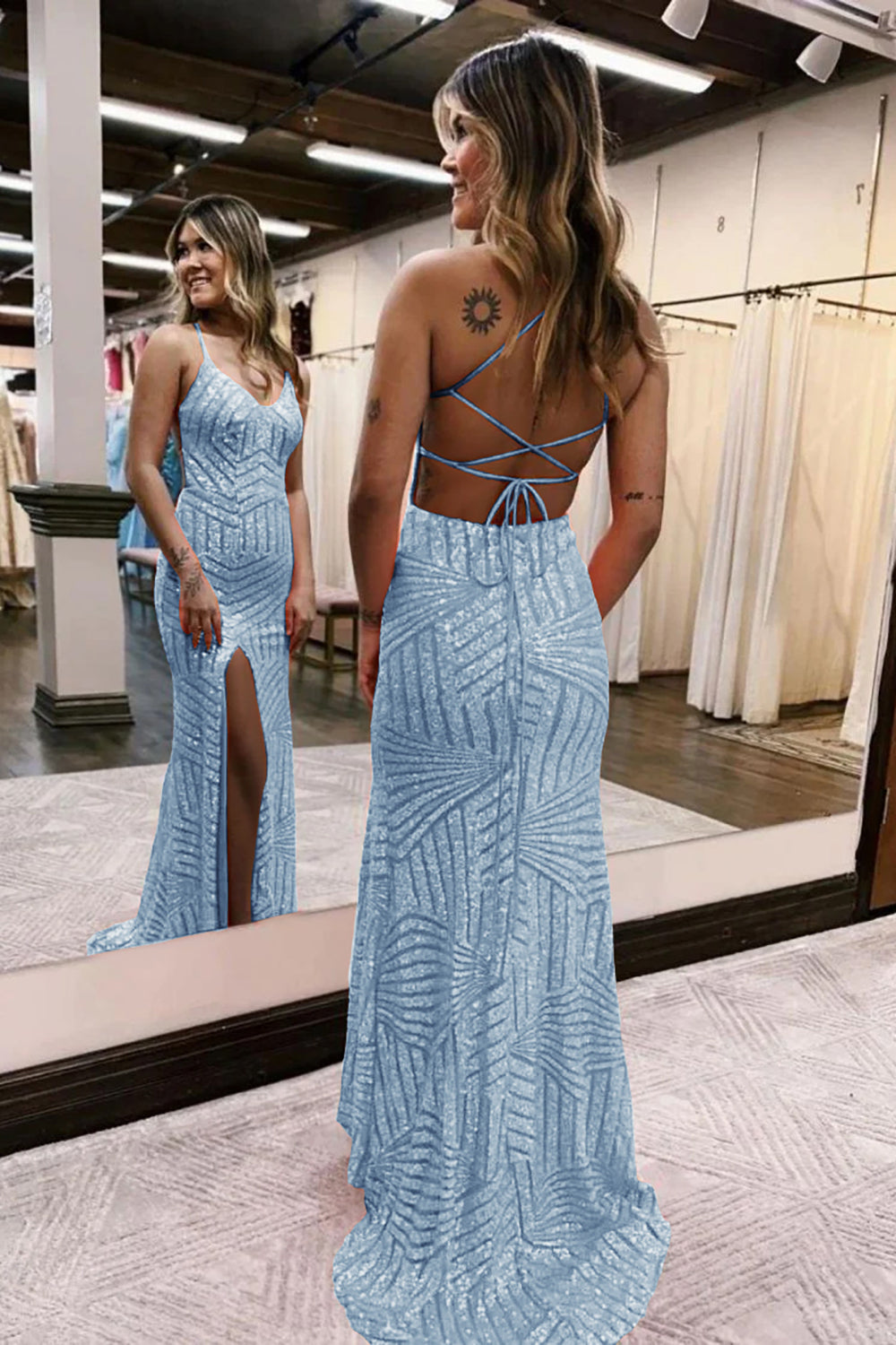 Orange v-neck sequin column prom dress