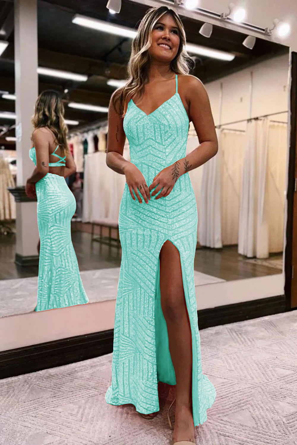Mint v-neck sequin column prom dress