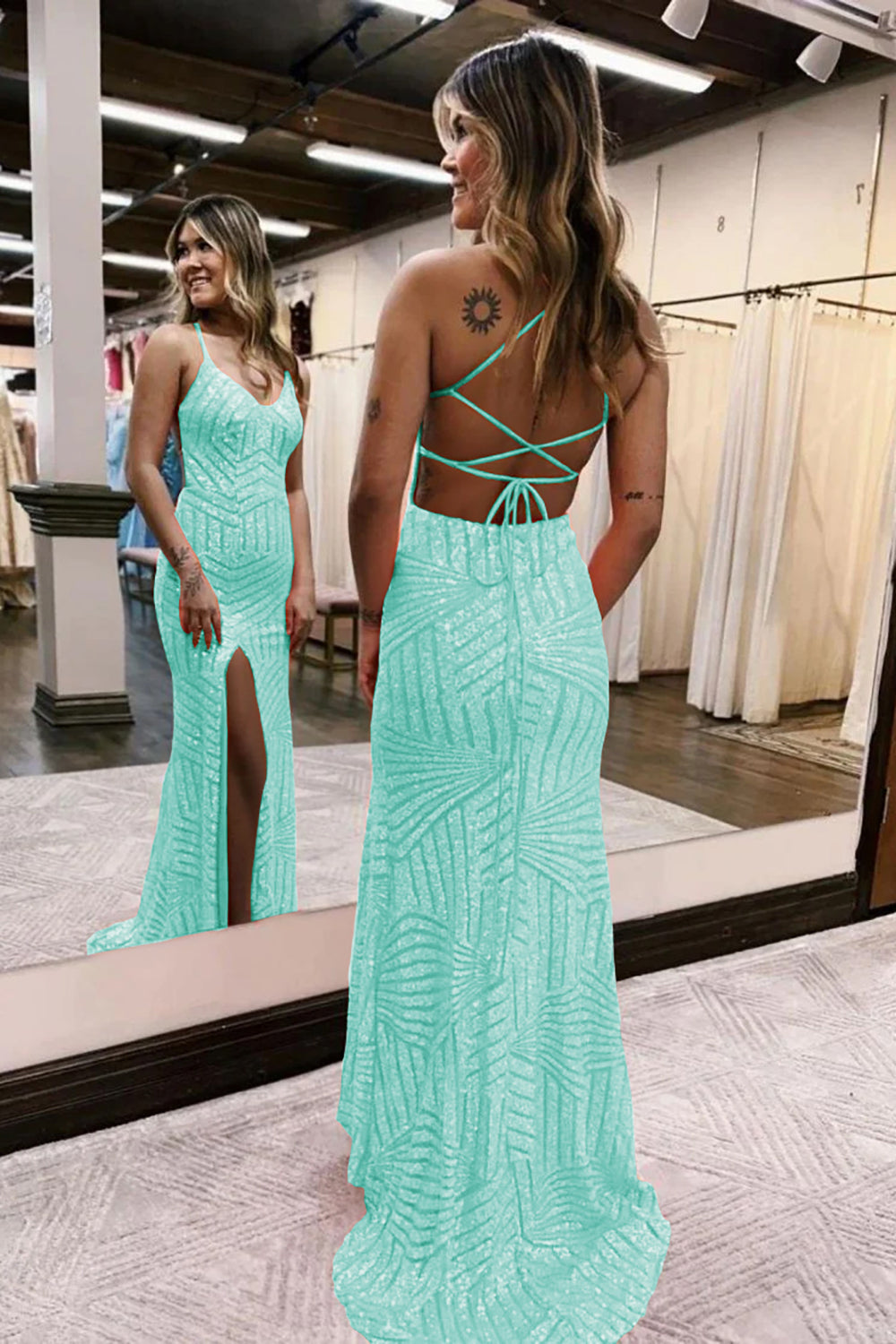 Mint v-neck sequin column prom dress