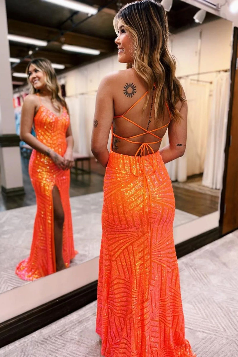 Orange v-neck sequin column prom dress