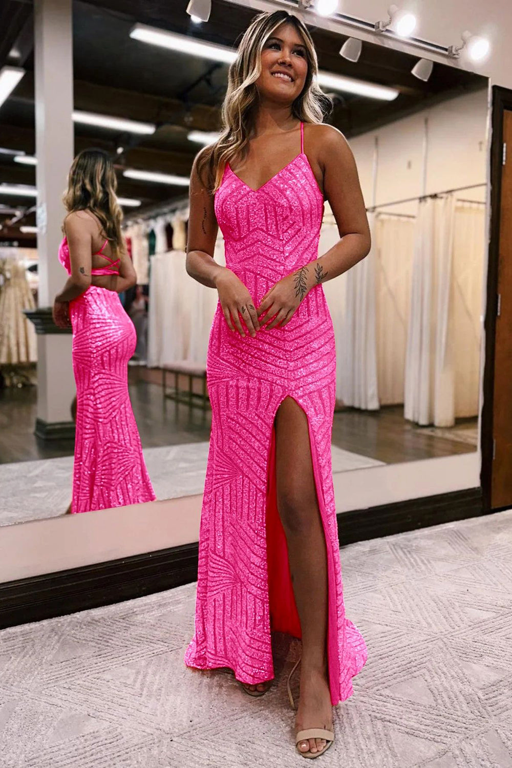 Hot pink v-neck sequin column prom dress