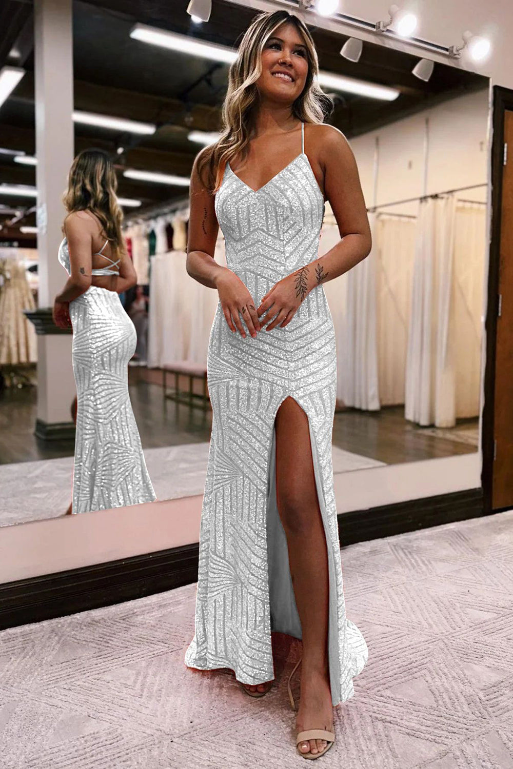 Silver v-neck sequin column prom dress