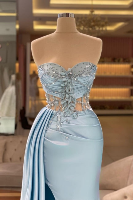 Column Split Front Floor-Length Sweetheart Strapless Sleeveless Sky Blue Ruffle Stain Prom Evening Dresses with Beadings