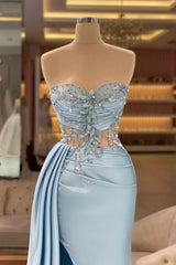 Column Split Front Floor-Length Sweetheart Strapless Sleeveless Sky Blue Ruffle Stain Prom Evening Dresses with Beadings