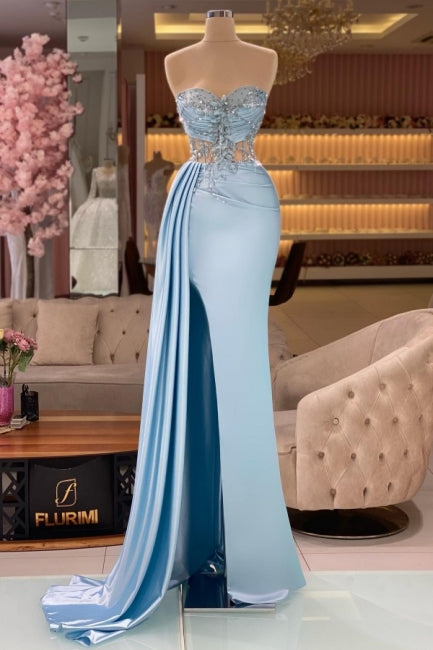 Column Split Front Floor-Length Sweetheart Strapless Sleeveless Sky Blue Ruffle Stain Prom Evening Dresses with Beadings