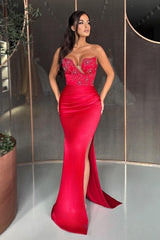 Column Sweetheart Floor-Length Split Front Stain Sleeveless Prom Evening Dresses with Beadings