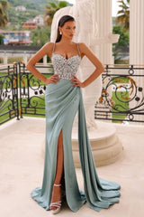 Column Trendy Sleeveless Spaghetti Straps Sweetheart Split Front Ruffles Stain Prom Evening Dresses with Beadings