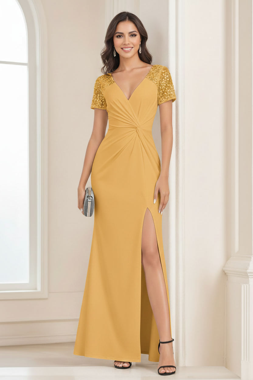 Column V-Neck Short Sleeves Floor Length Mother of the Bride & Groom Dresses with Slit Side
