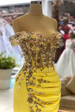 Column Yellow Sleeveless Off-The-Shoulder Stain Floor-Length Sweetheart Prom Dresses with Beadings