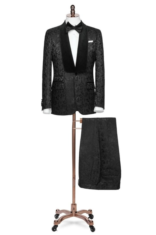 Contemporary Black Jacquard Shawl Collar Two-Piece Groom's Suit