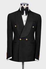 Contemporary Black Shawl Lapel Double Breasted Wedding Suit