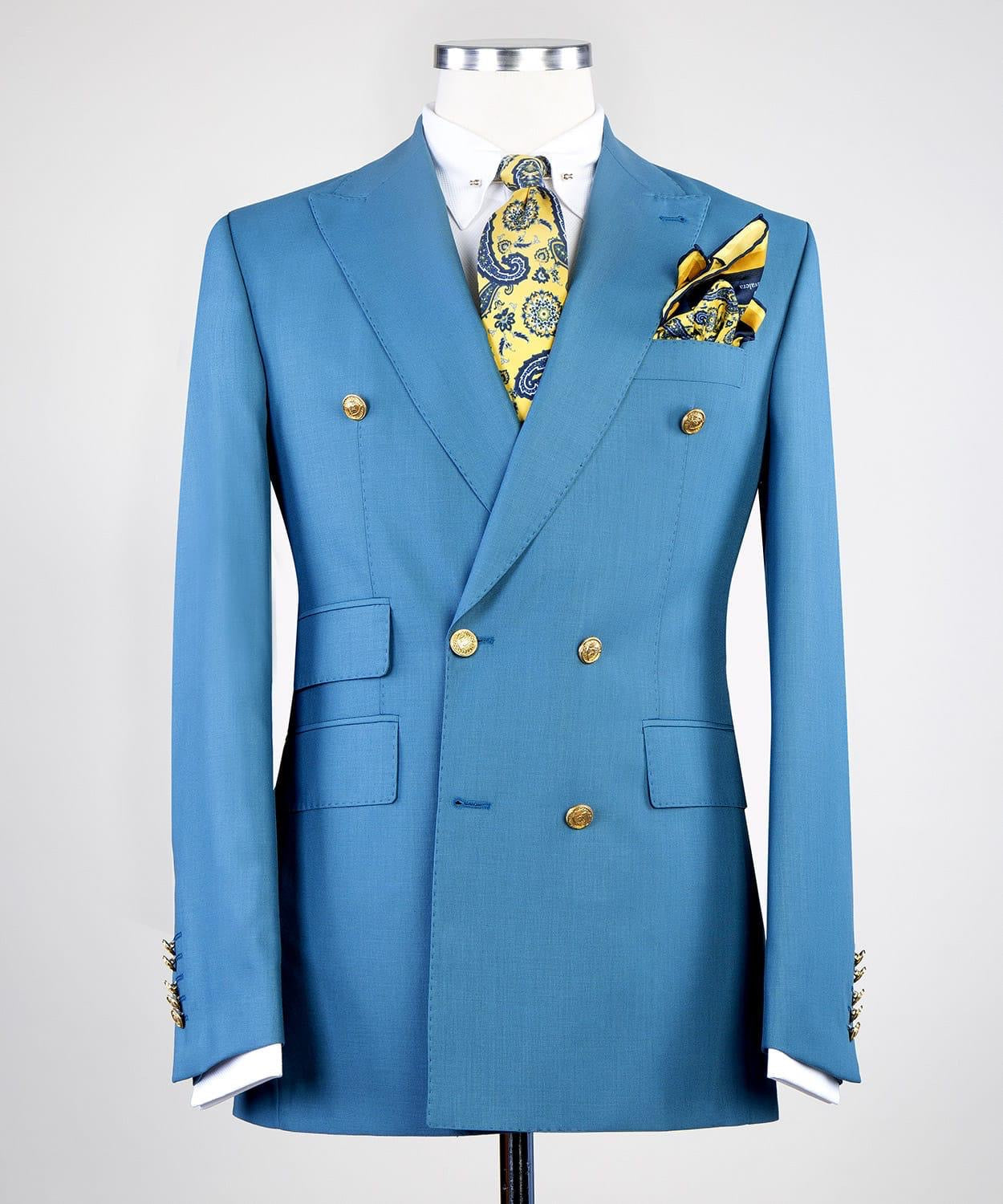 Contemporary Blue Double Breasted Peak Lapel Business Suits for Men