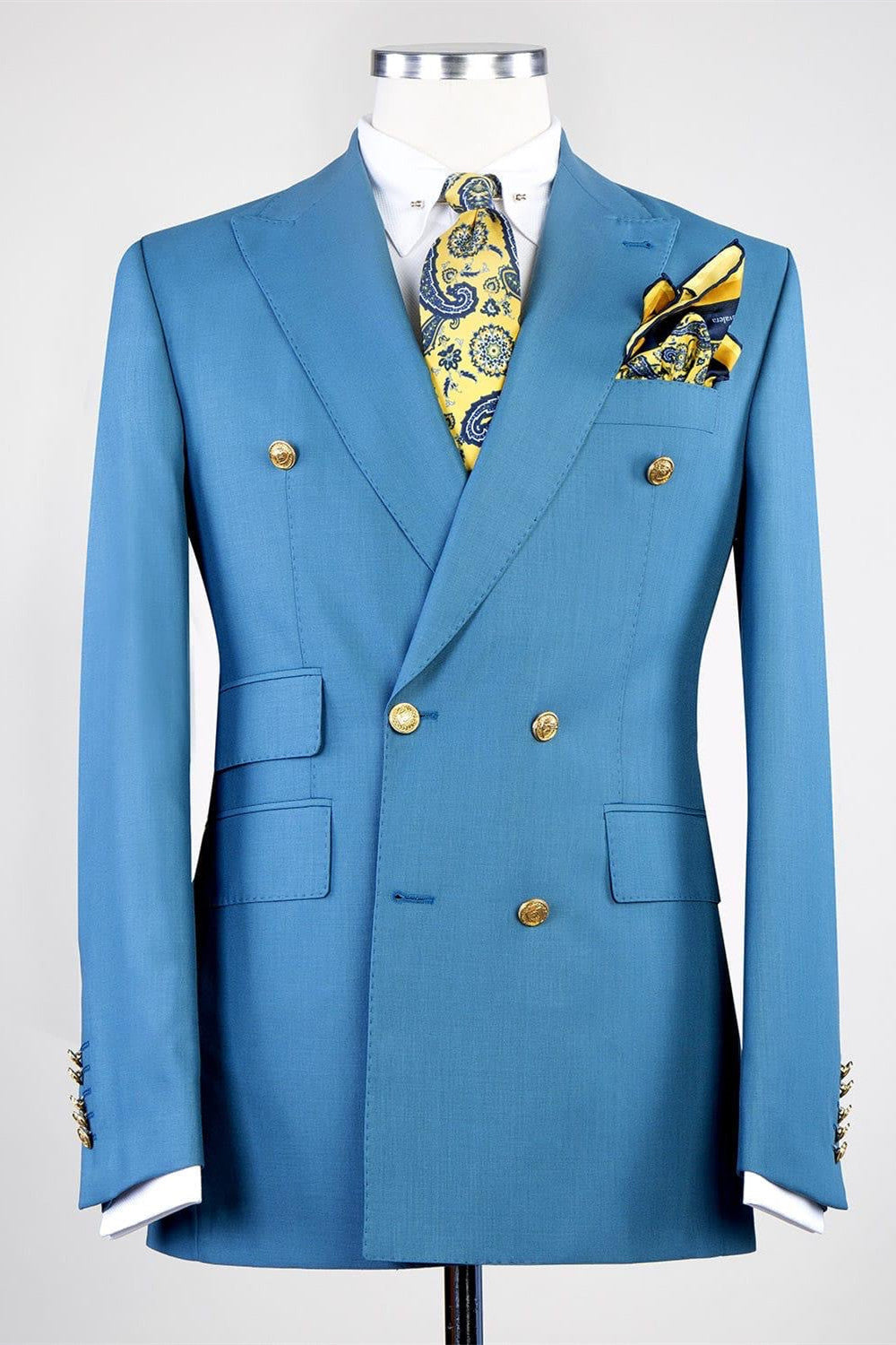 Contemporary Blue Double Breasted Peak Lapel Business Suits for Men