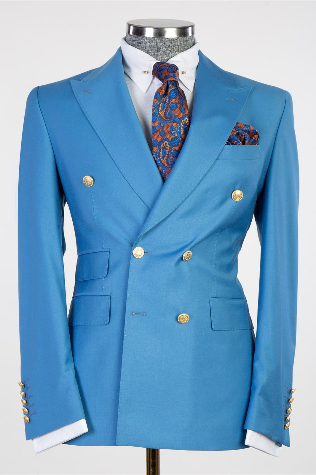Contemporary Blue Peak Lapel Double Breasted Business Men’s Suits