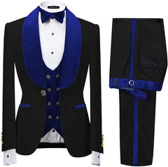 Contemporary Cobalt Blue Shawl Collar Three-Piece Velvet Groom's Suit