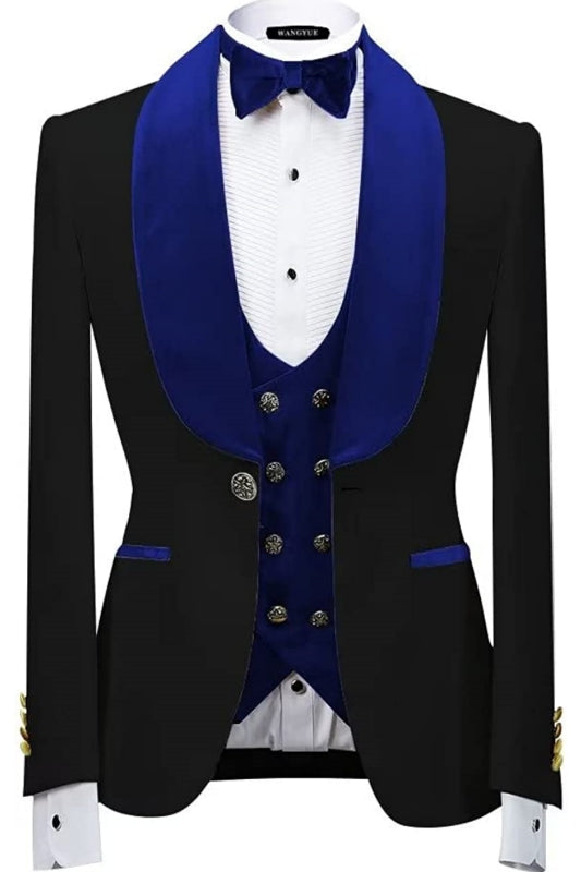 Contemporary Cobalt Blue Shawl Collar Three-Piece Velvet Groom's Suit