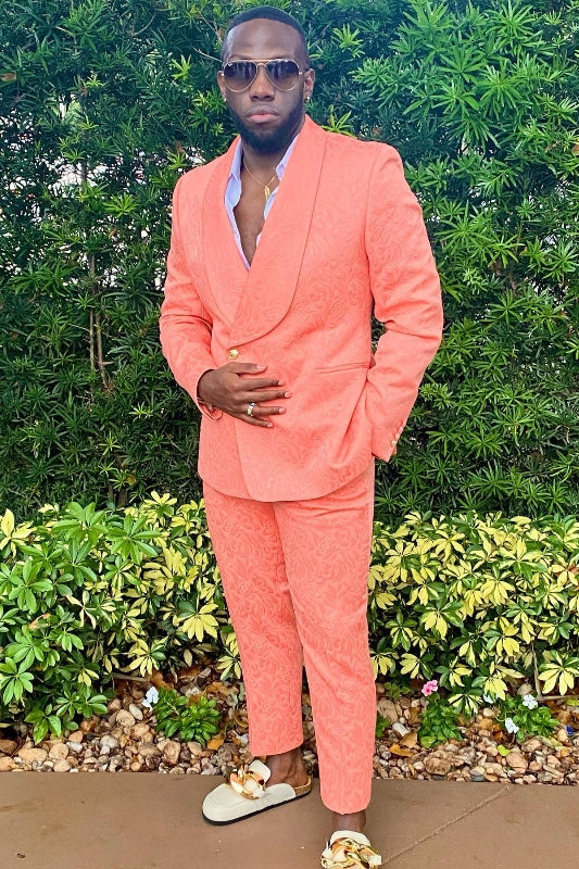 Contemporary Coral Jacquard Shawl Lapel Double Breasted Prom Suit