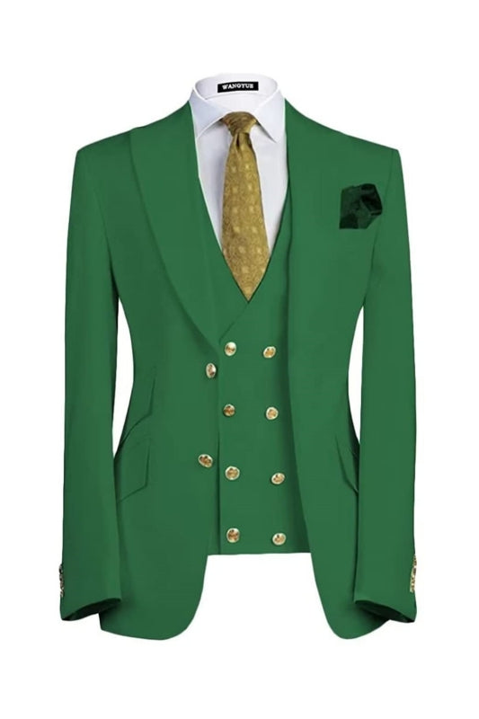 Contemporary Emerald Green Peaked Lapel Three-Piece Prom Ensemble for Men